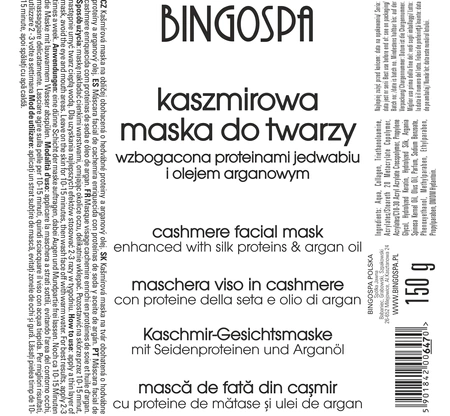 BINGOSPA maska do twarzy kaszmirowa z proteinami jedwabiu 150g