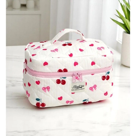 ECARLA kosmetyczka pikowana, kuferek z rączką 16x16x25cm Wisienki Kokardki KS150