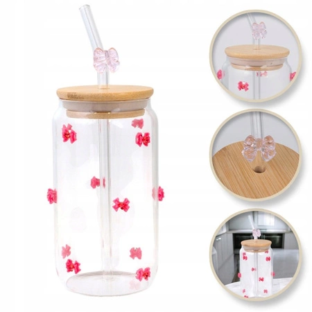 ECARLA szklanka z rurką i bambusową pokrywką 460ml Różowe Kokardki z cyrkoniami SZK135