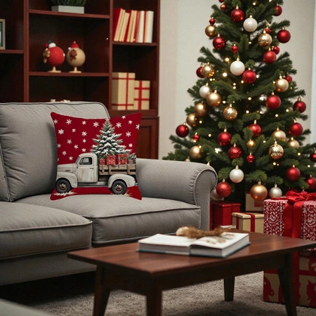 ECARLA Zima Świąteczna poszewka na poduszkę Boho 45x45 AUTO Z CHOINKĄ POD246