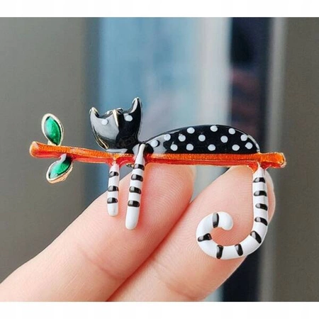 ECARLA broszka ozdobna Czarny Kotek na gałązce BZ163