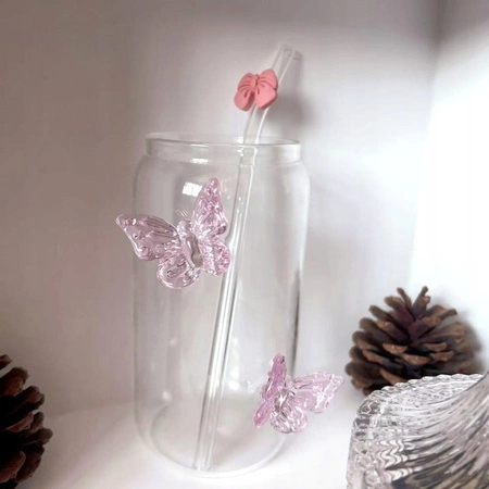 ECARLA szklanka wysoka ze słomką Motyl Róż 500ml SZK163