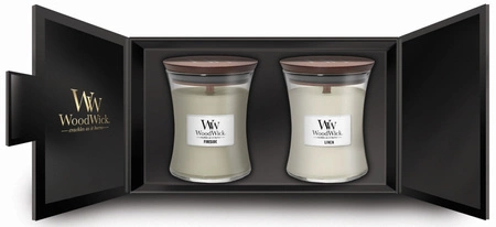 WOODWICK zestaw prezentowy 2 średnie świece Linen, Fireside 2x275g 