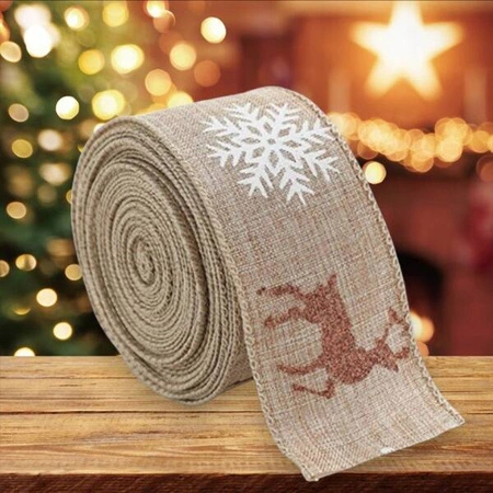 ECARLA taśma świąteczna 5cmx2m Beżowa z reniferami i śnieżkami KSN130