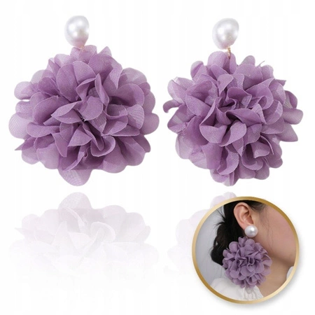 ECARLA kolczyki wiszące, efektowny tiulowy kwiat z perłą, sztyft Fiolet K1709
