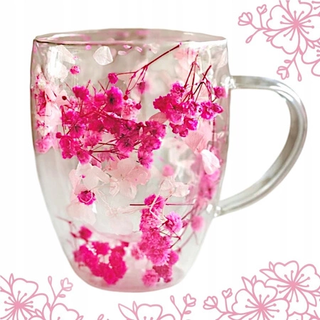 ECARLA szklanka termiczna z podwójnym dnem z gipsówką i hortensją w środku 300ml SZK149