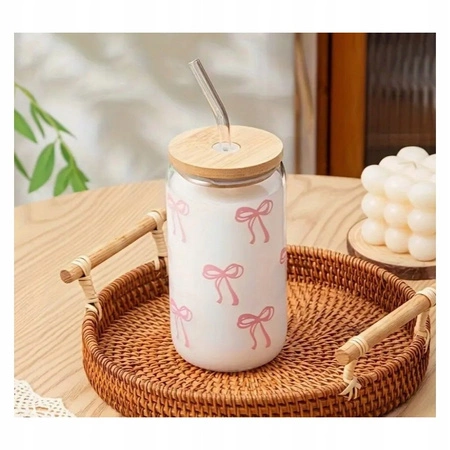 ECARLA szklanka z rurką i bambusową pokrywką 500ml Różowe Kokardki SZK131
