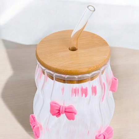 ECARLA szklanka z rurką i bambusową pokrywką 450ml falowana SZK95