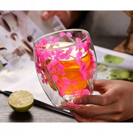 ECARLA szklanka termiczna z podwójnym dnem i hortensją 300ml Róż SZK90