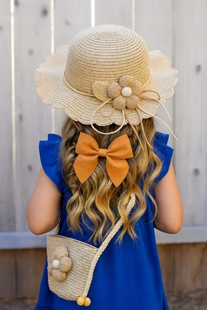 ECARLA kapelusik i torebka słomkowa, dziecięca Beżowy Kwiatek CZ55