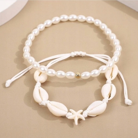 ECARLA bransoletka na stopę MUSZELKI na sznurku, PEREŁKI B544 2szt