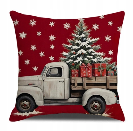 ECARLA Zima Świąteczna poszewka na poduszkę Boho 45x45 AUTO Z CHOINKĄ POD246