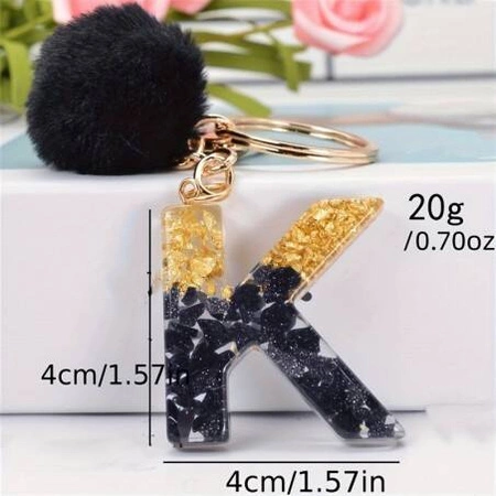 ECARLA brelok do kluczy LITERKA K Czarno Złota z pomponem BRL342K