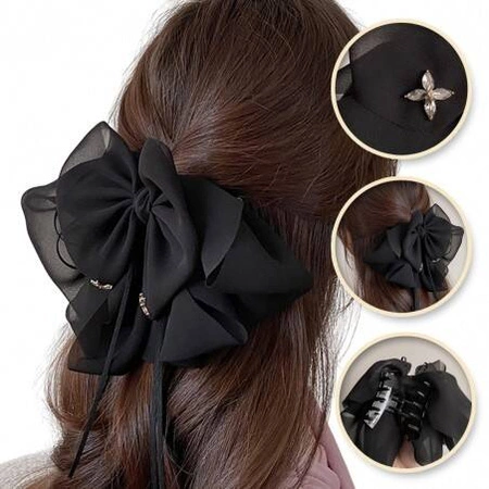ECARLA klamra do włosów tiulowa Kokarda Czarna SP325CZ