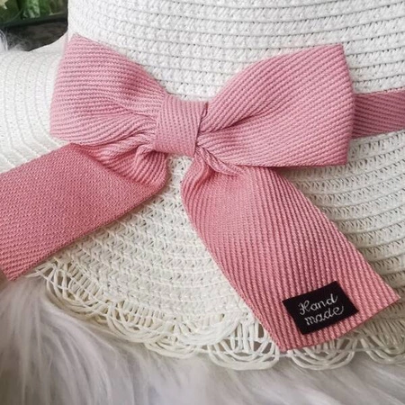 ECARLA kapelusik i torebka słomkowa, dziecięca Kremowy z różową kokardą CZ43