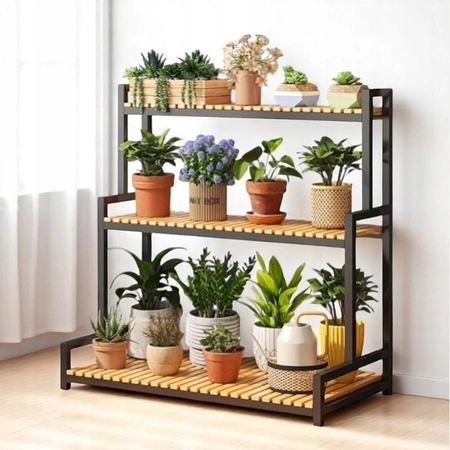 ECARLA Kwietnik regał na kwiaty trzypoziomowy 80x40x95cm Czarny SZ46CZ