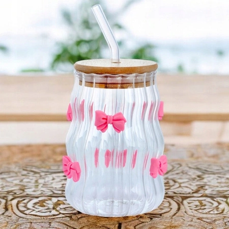 ECARLA szklanka z rurką i bambusową pokrywką 450ml falowana SZK95