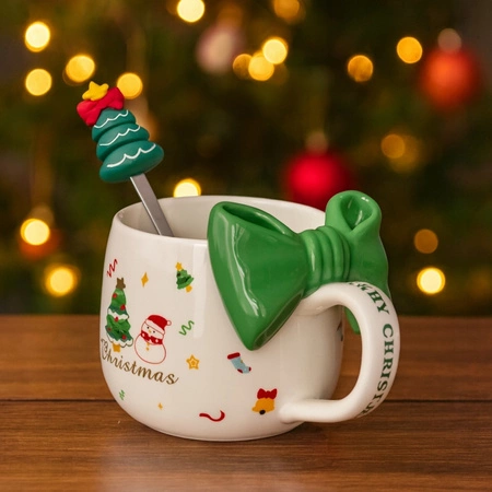 ECARLA kubek świąteczny z KOKARDĄ i łyżeczką 400ml Zieleń KB25ZIE