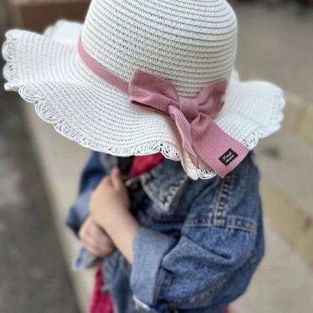 ECARLA kapelusik i torebka słomkowa, dziecięca Kremowy z różową kokardą CZ43