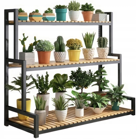 ECARLA Kwietnik regał na kwiaty trzypoziomowy 120x40x95cm Czarny SZ47CZ