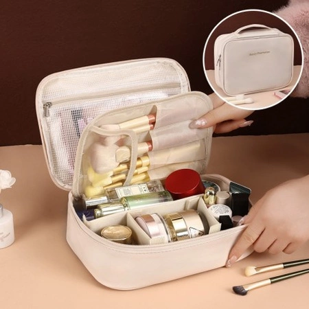 ECARLA kosmetyczka rozkładana, Kuferek z ekoskóry Kremowy KS146K