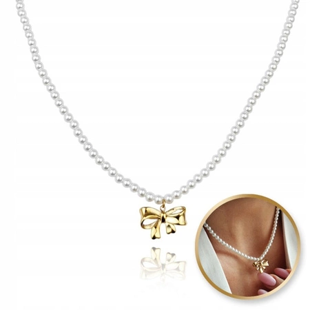 ECARLA naszyjnik ze stali szlachetnej pozłacanej perełki z KOKARDĄ NST2157