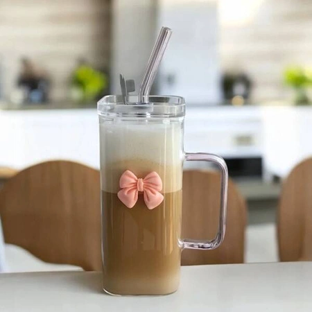 ECARLA szklanka prostokątna z kokardką z przykrywką i słomką 320ml SZK87