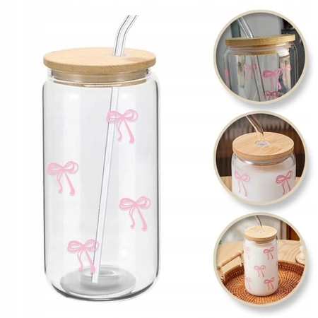 ECARLA szklanka z rurką i bambusową pokrywką 500ml Różowe Kokardki SZK131