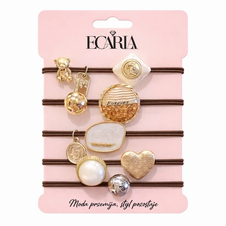 ECARLA zestaw gumek do włosów 5szt beżowe, złote z KAMIENIAMI GUM184