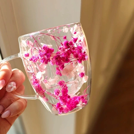 ECARLA szklanka termiczna z podwójnym dnem z gipsówką i hortensją w środku 300ml SZK149