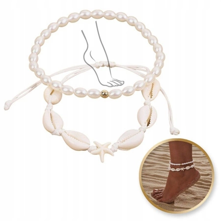 ECARLA bransoletka na stopę MUSZELKI na sznurku, PEREŁKI B544 2szt