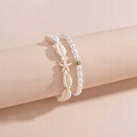 ECARLA bransoletka na stopę MUSZELKI na sznurku, PEREŁKI B544 2szt