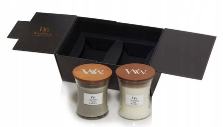 WOODWICK zestaw prezentowy 2 średnie świece Linen, Fireside 2x275g