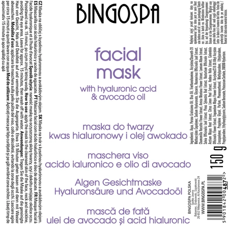 BINGOSPA maska do twarzy z Kwasem hialuronowym i Olejem awokado 150ml