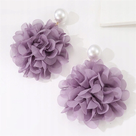 ECARLA kolczyki wiszące, efektowny tiulowy kwiat z perłą, sztyft Fiolet K1709