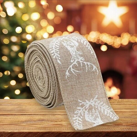 ECARLA taśma świąteczna wstążka 5cmx2m Beżowa taśma z białymi jelonkami KSN128