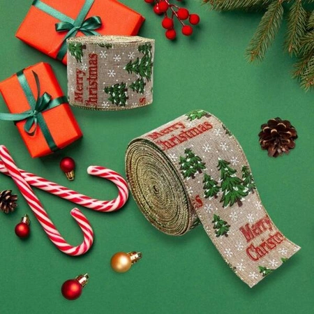 ECARLA taśma świąteczna wstążka 6,3cmx2m Beżowa z motywem świątecznym KSN140