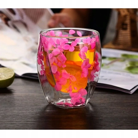 ECARLA szklanka termiczna z podwójnym dnem i hortensją 300ml Róż SZK90