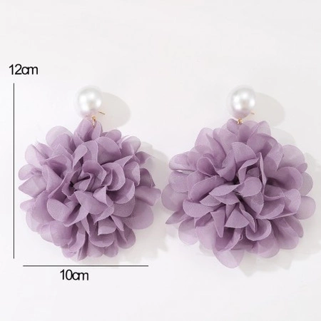 ECARLA kolczyki wiszące, efektowny tiulowy kwiat z perłą, sztyft Fiolet K1709