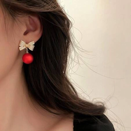 ECARLA kolczyki wiszące Czerwone Kule z kokardami, cyrkonie K1688