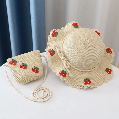 ECARLA kapelusik i torebka słomkowa, dziecięca Boho Wisienki 52cm CZ44