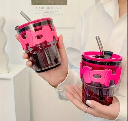 ECARLA kubek z kolorowego szkła ze słomką i zamknięciem 300ml Hoh CUP13