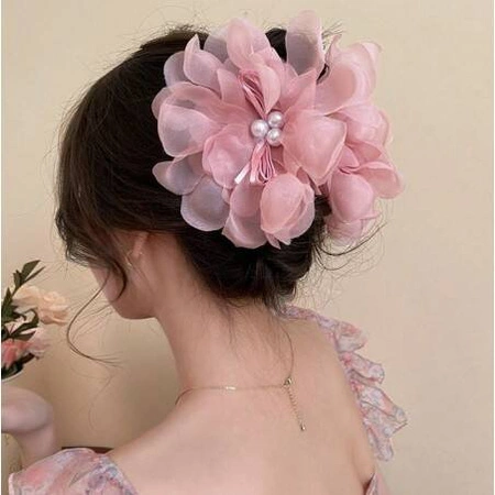 ECARLA klamra do włosów tiulowa z perełkami Kwiat Różowa SP323R