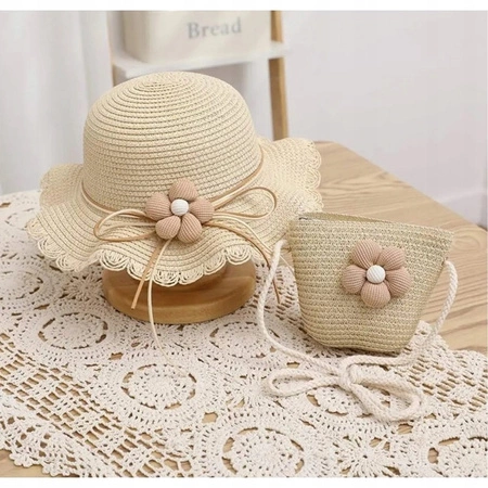 ECARLA kapelusik i torebka słomkowa, dziecięca Beżowy Kwiatek CZ55