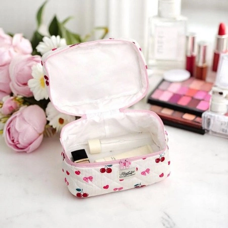 ECARLA kosmetyczka pikowana, kuferek z rączką 16x16x25cm Wisienki Kokardki KS150