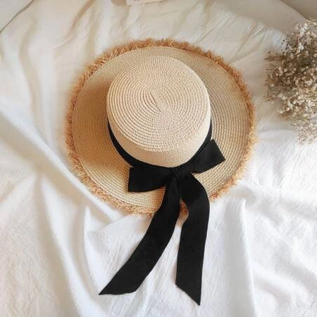 ECARLA kapelusz damski plażowy letni słomkowy Czarna kokarda CZ49