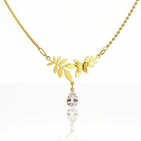 ECARLA naszyjnik ze stali szlachetnej pozłacanej cyrkonie LISTKI MOTYL NST2212