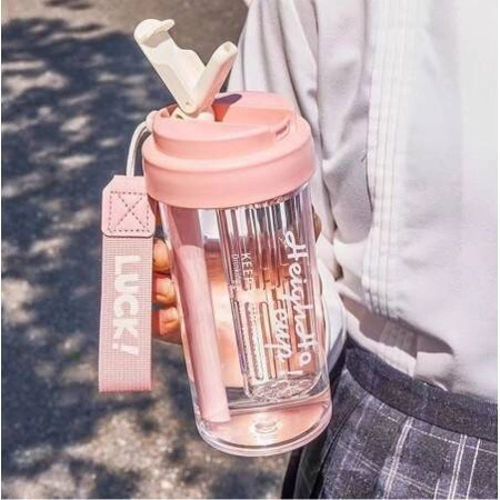 ECARLA bidon na wodę z koszyczkiem i słomką 600ml Luck! Różowy BD32R