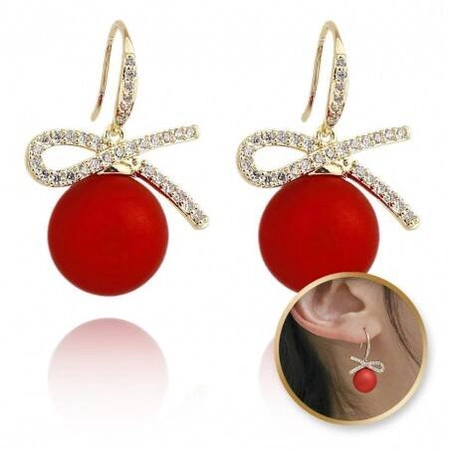 ECARLA kolczyki wiszące Czerwone Kule z kokardami, cyrkonie K1689
