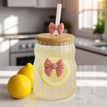 ECARLA szklanka szklanka z rurką i bambusową pokrywką 450ml falowana SZK183